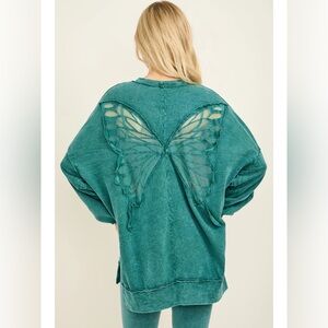 J.Her Teal Butterfly Sheer Back Women Crewneck Sweatshirt